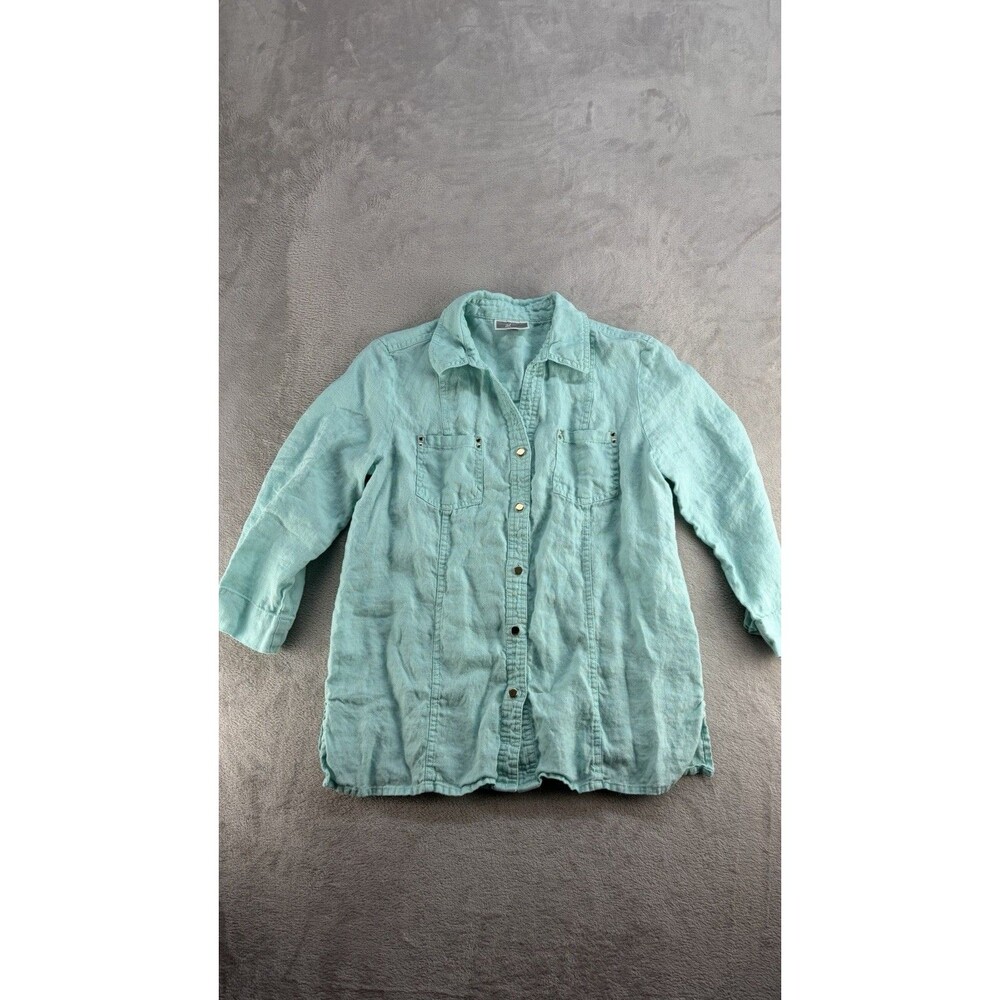 JM Collection Button Up Shirt Womens Size 8 Linen Blue Coastal Beach